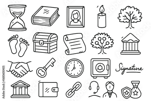 Doodle Memories and Inheritance. Hand-drawn doodle illustration legacy and memory hourglass, old book, photo frame, candle,