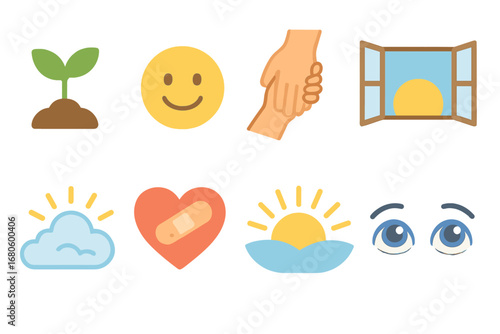 Hope and Healing Icons. Flat vector mini-illustrations despair and recovery in colors children's illustrations: growing plant,