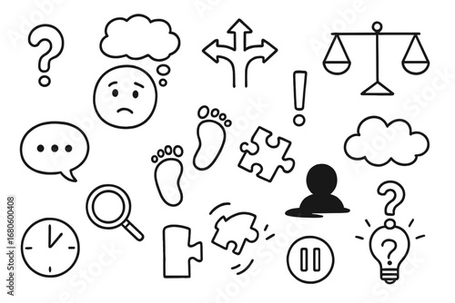 Doodled Decision Dilemma. Hand-drawn doodle illustration second guessing confused face, question mark, thought bubble, forked path