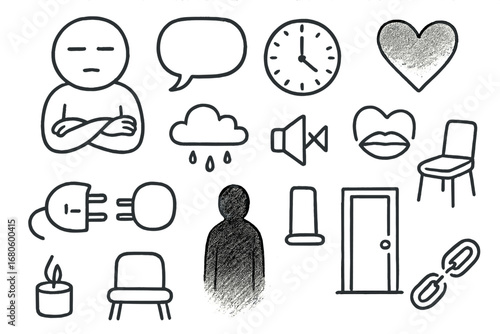 Doodle of Solitude Symbols. Hand-drawn doodle illustration apathy blank face, folded hands, empty speech bubble, closed eyes,