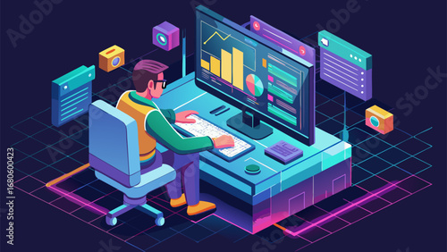 Data analyst working at modern computer desk with graphs, charts and interface in futuristic neon isometric style