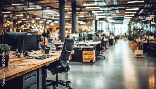 Industrial open-plan office, wooden desks, modern