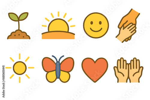 Hopeful Icons Grid. Flat vector mini-illustrations hurt and hope in colors children's illustrations: growing plant, rising sun,