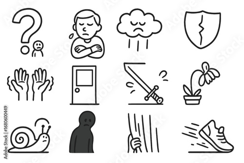 Doubt and Hesitation Icons. Hand-drawn doodle illustration hesitation and doubt question mark, shrinking person, crossed arms,