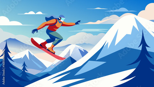 Snowboarder jumping on snowy mountain slope with scenic winter landscape and pine trees in flat illustration style