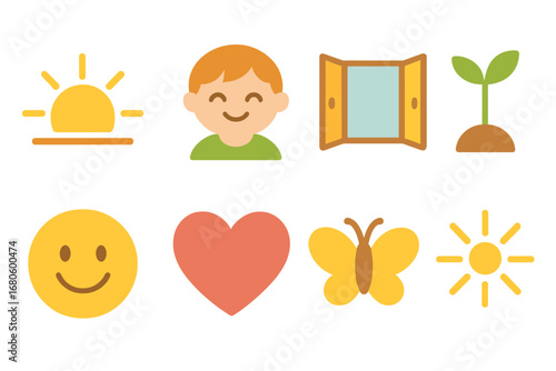 Hopeful Recovery Icons. Flat vector mini-illustrations pandemic recovery and hope in colors children's illustrations: rising sun,