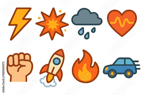 Dynamic Children's Icons. Flat vector mini-illustrations intense moments in colors children's illustrations: lightning bolt,