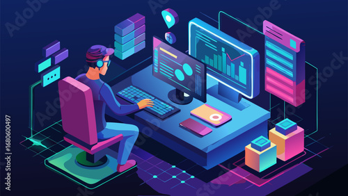 Programmer working at futuristic workstation with multiple screens, data charts and digital interface in neon cyberpunk style