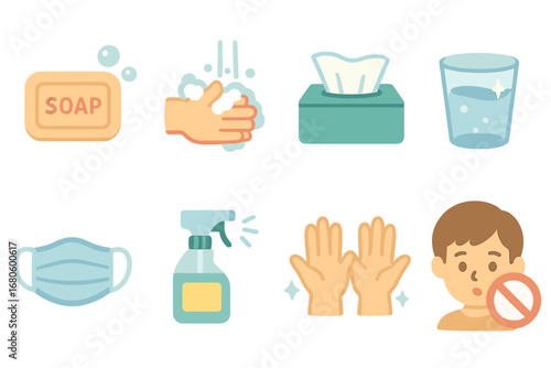 Hygiene Essentials for Kids. Flat vector mini-illustrations infection and hygiene in colors children's illustrations: soap bar,