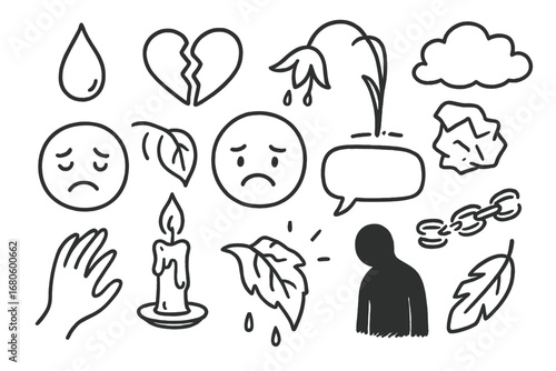 Emotional Doodle Icons. Hand-drawn doodle illustration emotional feebleness tear drop, broken heart, sad face, drooping flower,