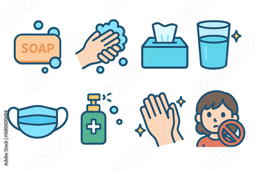 Hygiene Essentials for Kids. Flat vector mini-illustrations infection and hygiene in colors children's illustrations: soap bar,