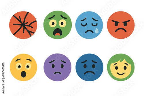 Emotional Icons Grid. Flat vector mini-illustrations shattered glass and emotions in colors children's illustrations: fear,