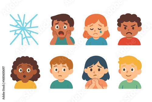 Emotional Icons Grid. Flat vector mini-illustrations shattered glass and emotions in colors children's illustrations: fear,