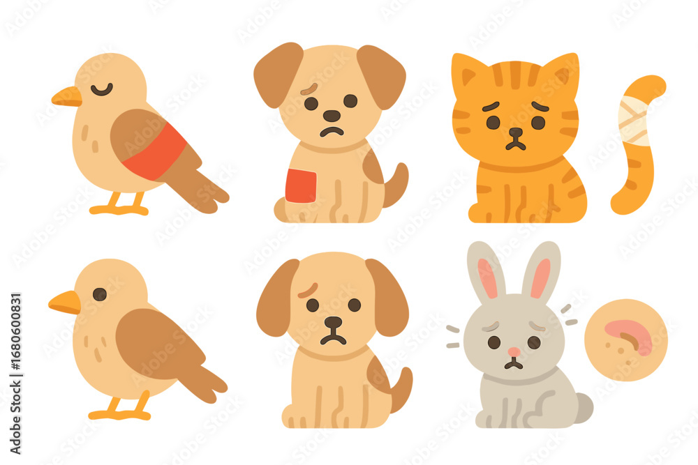 Naklejka premium Injured Animals Icons. Flat vector mini-illustrations hurt animals in colors children's illustrations: injured bird, hurt puppy,