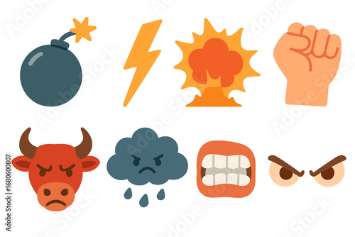 Explosive Anger Icons. Flat vector mini-illustrations explosive anger in colors children's illustrations: detonating bomb,