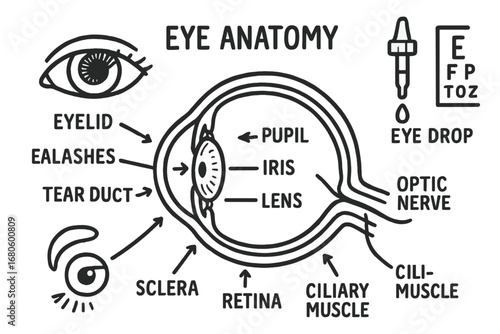 Eye Anatomy Diagram. Hand-drawn doodle illustration eye anatomy cornea, sclera, pupil, iris, retina, optic nerve, eye