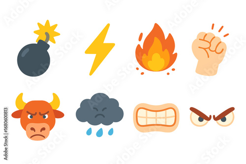 Explosive Anger Icons. Flat vector mini-illustrations explosive anger in colors children's illustrations: detonating bomb,