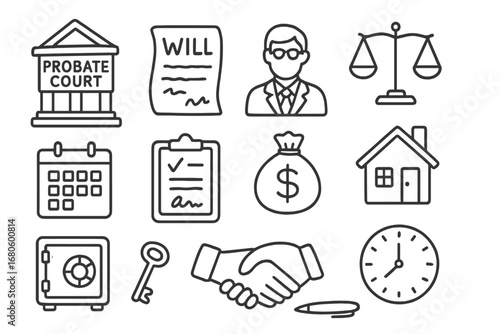 Inheritance Doodle Icons. Hand-drawn doodle illustration inheritance probate court building, will document, lawyer, scales,