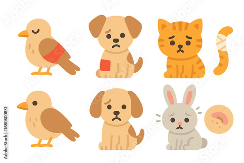 Injured Animals Icons. Flat vector mini-illustrations hurt animals in colors children's illustrations: injured bird, hurt puppy,