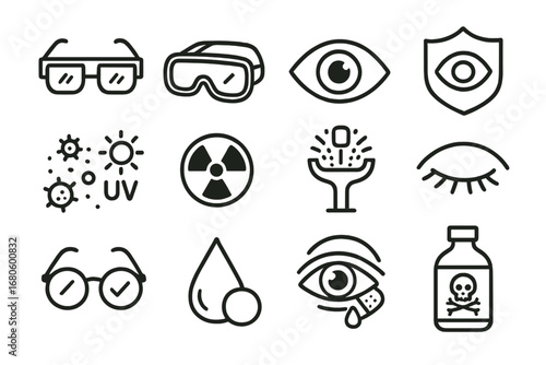 Eye Safety Doodle Icons. Hand-drawn doodle illustration eye protection and cornea safety glasses, goggles, cornea, eye icon,