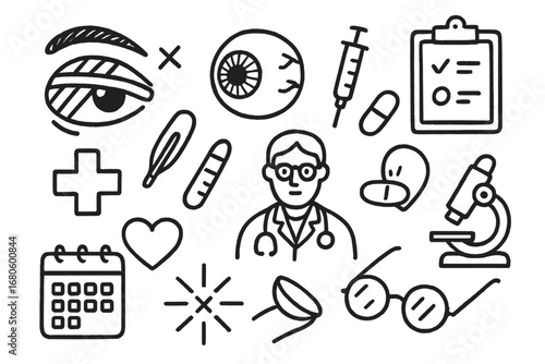 Eye Injury Essentials. Hand-drawn doodle illustration lens lens injury eye, lens, bandage, syringe, pill, thermometer, clipboard,