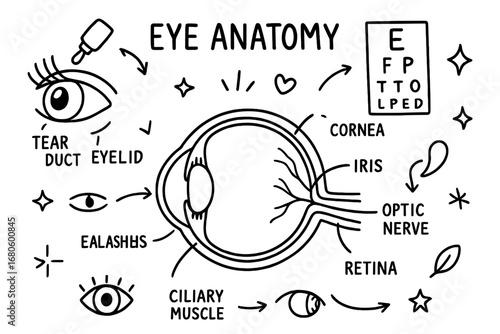 Eye Anatomy Diagram. Hand-drawn doodle illustration eye anatomy cornea, sclera, pupil, iris, retina, optic nerve, eye