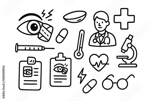 Eye Injury Essentials. Hand-drawn doodle illustration lens lens injury eye, lens, bandage, syringe, pill, thermometer, clipboard,