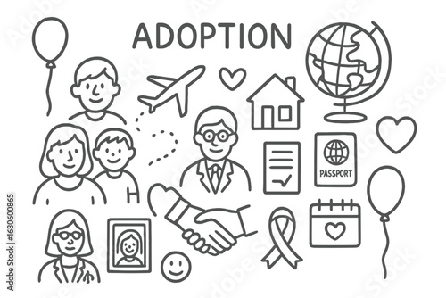 International Adoption Journey. Hand-drawn doodle illustration adoption international adoption globe, plane, family, child, house,