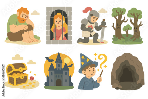 Fairy Tale Icons. Flat vector mini-illustrations suffering in stories and fairy tales in colors children's illustrations: lonely