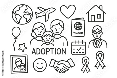 International Adoption Journey. Hand-drawn doodle illustration adoption international adoption globe, plane, family, child, house,