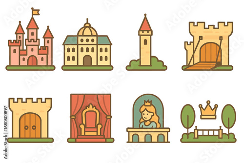 Fairy Tale Castles. Flat vector mini-illustrations princess castles and palaces in colors children's illustrations: fairy tale