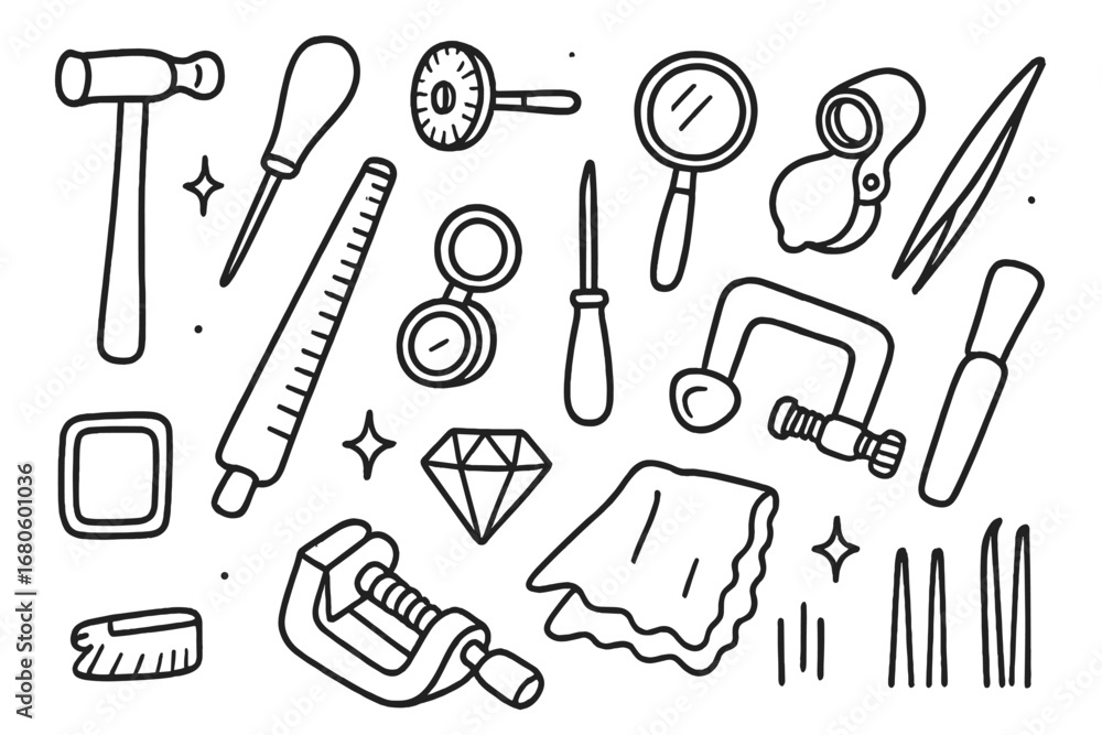 Obraz premium Jeweler's Tools Illustration. Hand-drawn doodle illustration bezel craftsmanship jeweler’s hammer, engraving tool, polishing wheel