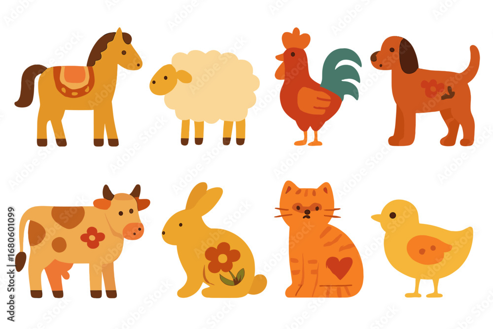 Obraz premium Folk Animals Grid. Flat vector mini-illustrations folk animals in colors children's illustrations: horses, sheep, roosters, dogs,