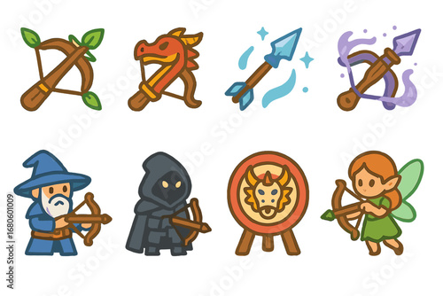 Fantasy Crossbow Icons. Flat vector mini-illustrations crossbow in fantasy settings in colors children's illustrations: elven