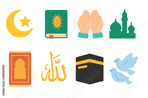 Islamic Symbols for Kids. Flat vector mini-illustrations minaret religious symbols in colors children's illustrations: crescent