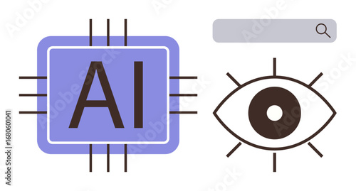 AI chip, stylized eye representing vision, and search bar denoting digital exploration, innovation. Ideal for machine learning, artificial intelligence, data analysis, technology, future research