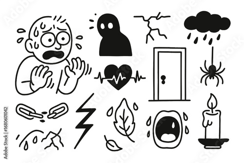 Fearful Doodle Elements. Hand-drawn doodle illustration fear wide eyes, trembling hands, shadowy figure, cracked wall, locked door