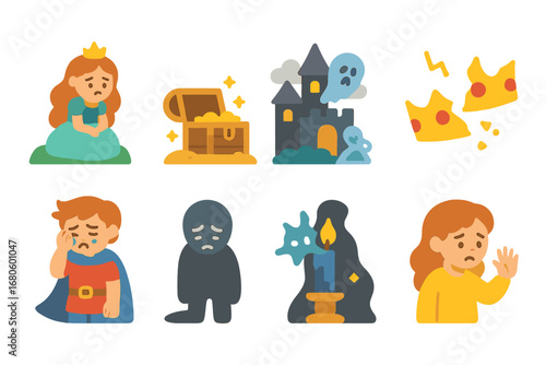 Fantasy Story Icons. Flat vector mini-illustrations sadness in stories in colors children's illustrations: lonely princess, lost