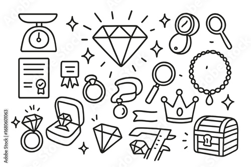 Jewelry Icons Collection. Hand-drawn doodle illustration precious carat diamond, scale, certificate, loupe, magnifying glass,