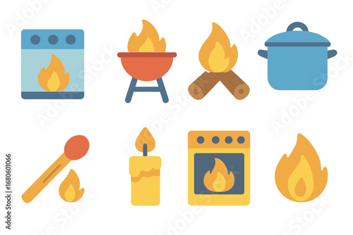 Flame and Cooking Icons. Flat vector mini-illustrations fire and cooking in colors children's illustrations: stove flame, barbecue