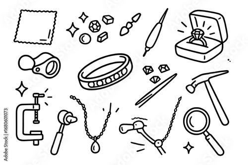 Jewelry Crafting Tools. Hand-drawn doodle illustration channel setting channel, gemstones, ring band, tweezers, jeweler’s loupe,