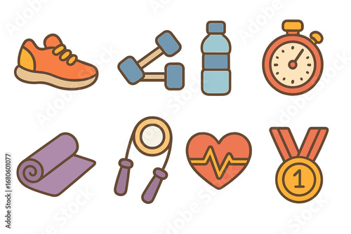 Fitness Challenge Icons. Flat vector mini-illustrations fitness challenges in colors children's illustrations: running shoes,