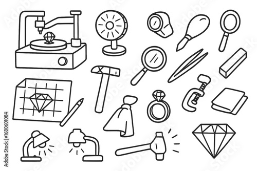 Jewelry Making Tools. Hand-drawn doodle illustration jewelry making gemstone, faceting machine, polishing wheel, loupe, cutting