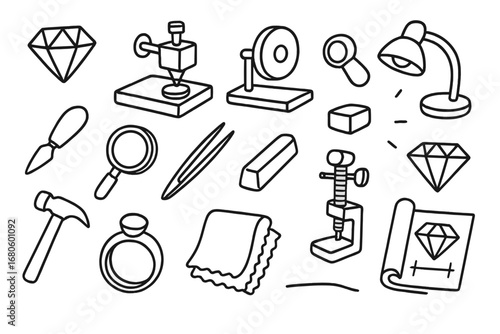 Jewelry Making Tools. Hand-drawn doodle illustration jewelry making gemstone, faceting machine, polishing wheel, loupe, cutting