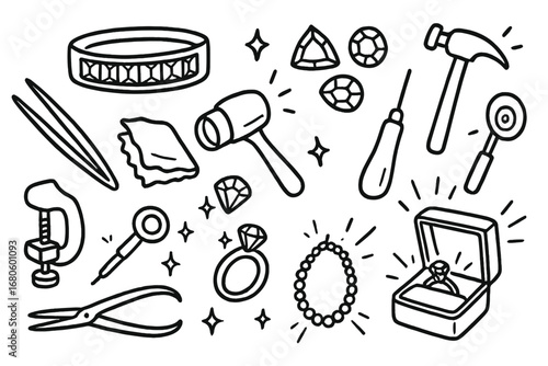 Jewelry Crafting Tools. Hand-drawn doodle illustration channel setting channel, gemstones, ring band, tweezers, jeweler’s loupe,