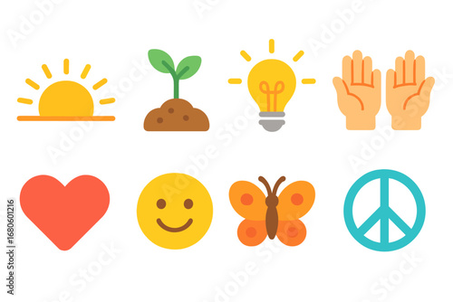 Innocence and Optimism. Flat vector mini-illustrations injustice and hope in colors children's illustrations: rising sun, growing
