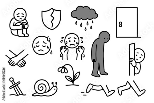 Insecurity Symbols Doodle. Hand-drawn doodle illustration insecurity and fear shrinking shadow, closed eyes, sweating face,
