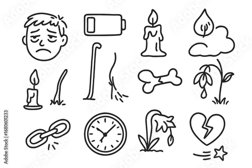 Fragile Emotions Doodle. Hand-drawn doodle illustration fatigue and weakness tired face, drooping eyelids, empty battery, crumpled