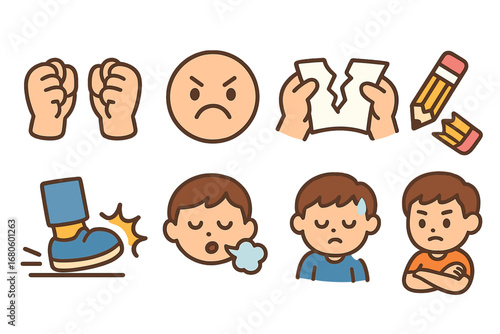 Frustration Icons Grid. Flat vector mini-illustrations failure and frustration in colors children's illustrations: clenched fists,