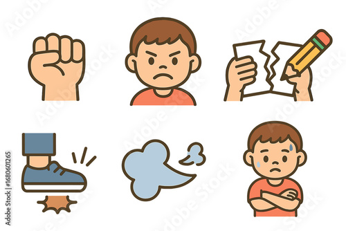 Frustration Icons Grid. Flat vector mini-illustrations divorce emotions in colors children's illustrations: sad child, crying face